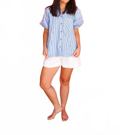Karlie Stripe Poplin Bubble Sleeve Top In Blue