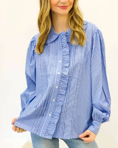 Karlie Stripe Poplin Ruffle Collar Pleat Top In Blue