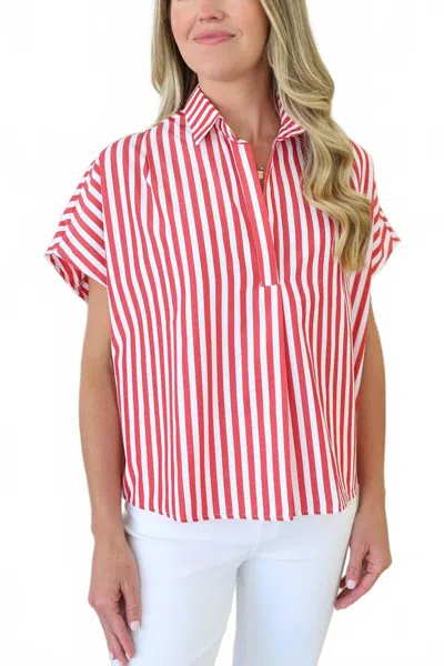 Karlie Stripe Poplin V-neck Collar Top In Red
