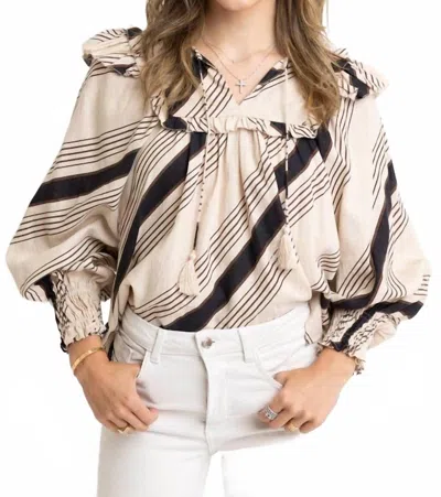 Karlie Stripe Puff Sleeve Top In Tan/black In Neutral