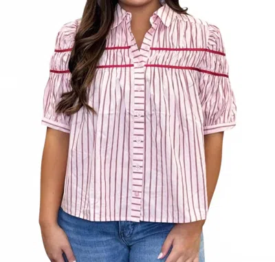 Karlie Striped Elastic Knit Short Sleeve Button Down Top In Multi In Pink