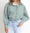 Karlie Striped In Style Pleat Ruffle Trim Top In Green In Green