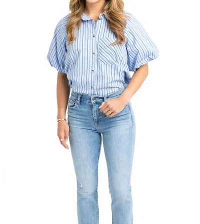 Karlie Striped Poplin Bubble Sleeve Top In Blue