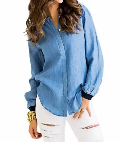 Karlie Tencel Button Front Top In Chambray In Blue