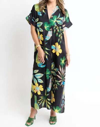 KARLIE TOUCAN JUNGLE KAFTAN MAXI DRESS IN BLACK