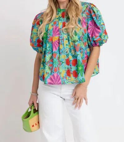 Karlie Tropical Pleated Sleeve Top In Blue Floral In Multi