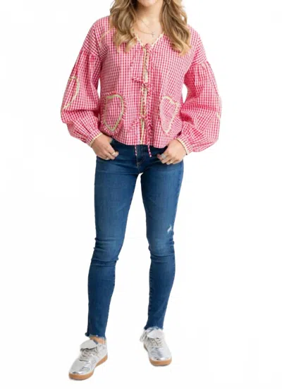 KARLIE VINTAGE CHECK RIC RAC HEART TIE TOP IN RED