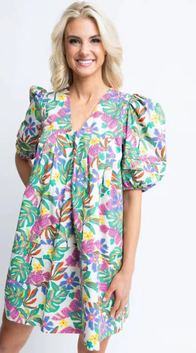 Karlie Vneck Puff Sleeve Dress In Palm Multi