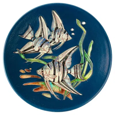 Pre-owned Karlsruher Majolika Blue Ceramic Wall Plate Or Dish With Fish By , Circa 1960s