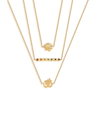 Karma And Luck Aligned In Serenity Lotus Om Triple Layer Chakra Necklace In Gold