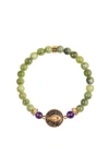 Karma And Luck Defensive Trio Jade Stone Evil Eye Bracelet In Green/purple/gold