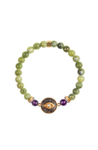Karma And Luck Defensive Trio Jade Stone Evil Eye Bracelet In Green/purple/gold