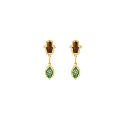 Karma And Luck Dreams Secured Tiger Eye Malachite Hamsa Evil Eye Earrings In Gold