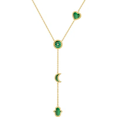 Karma And Luck Enlightened Soul Malachite Multi-symbol Gold Necklace In Gold/green
