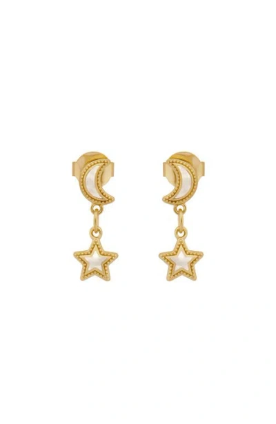 Karma And Luck Ethereal Glow Rainbow Moonstone Moon & Star Gold Earrings In Multi