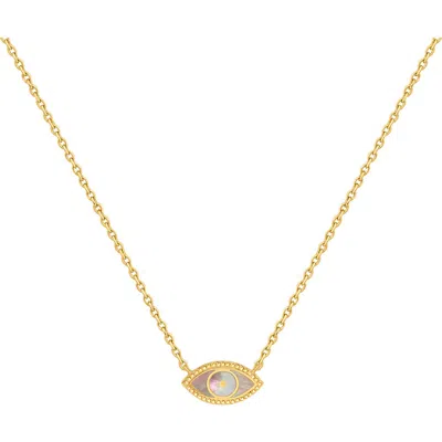 Karma And Luck Glowing Energy Evil Eye Mother Of Pearl Necklace In Gold/white