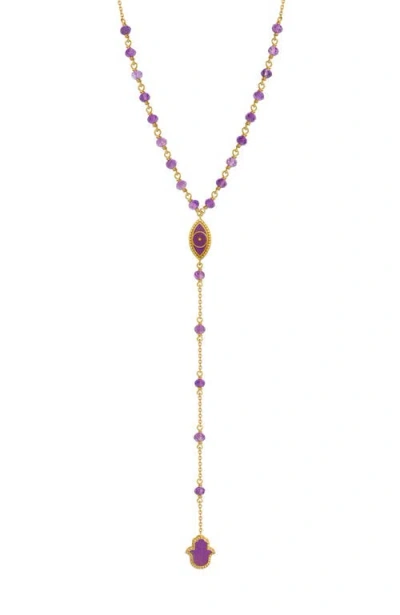Karma And Luck Guardian Spirit Amethyst Hamsa & Evil Eye Gold Necklace In Multi