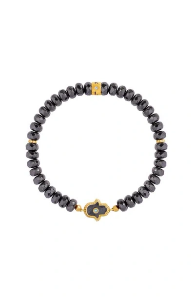 Karma And Luck Guardian Spirit Hematite & Aquamarine Hamsa Bracelet In Black