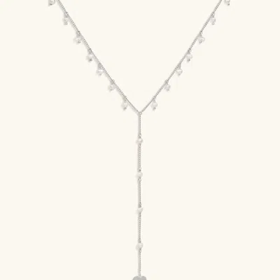 Karma And Luck Infinite Affection Heart Pearl Lariat Necklace In Metallic