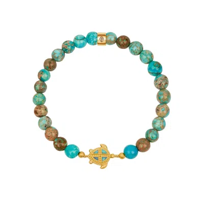 Karma And Luck Men's Blue / Green / Gold Serene Mentality Turquoise Turtle Gold Bracelet In Multi