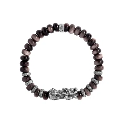 Karma And Luck Men's Grey Shadow Strength Obsidian Dragon Bracelet In Metallic