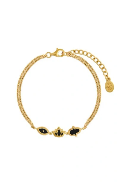 Karma And Luck Multi Charm Onyx Gold Plated Bracelet Sacred Poise