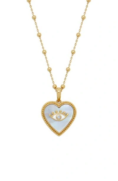 Karma And Luck Nurturing Energy White Mother Of Pearl Heart & Evil Eye Gold Necklace In Multi