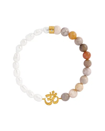 Karma And Luck Plated African Opal Jasper/ Pearl & Pearl Beaded Bracelet In Multi