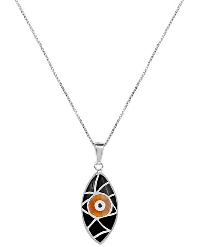 Karma And Luck Plated Tiger Eye/ Onyx Cz Pendant Necklace In Metallic