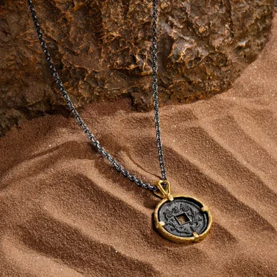 Karma And Luck Prosperous Life - Onyx Chinese Coin Necklace In Metallic
