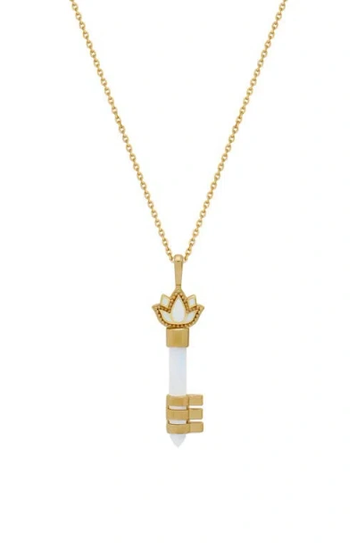 Karma And Luck Spiritual Awakening Rainbow Moonstone Key & Lotus Gold Necklace In Multi