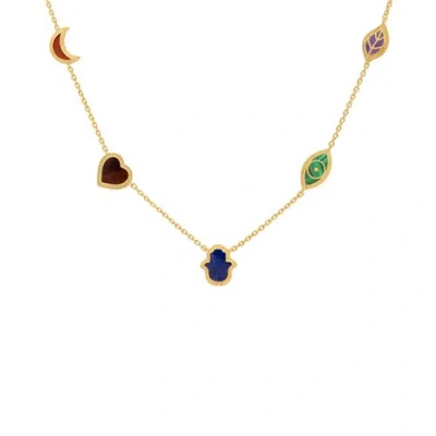 Karma And Luck Sublime Beauty Multi-symbol & Multi-gemstone Necklace In Gold