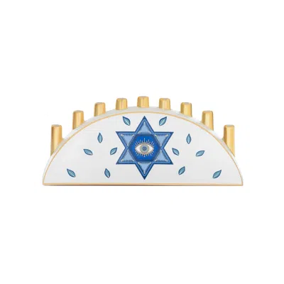Karma And Luck White / Blue / Gold Soulful Celebration Evil Eye Star Of David Ceramic Menorah In Multi