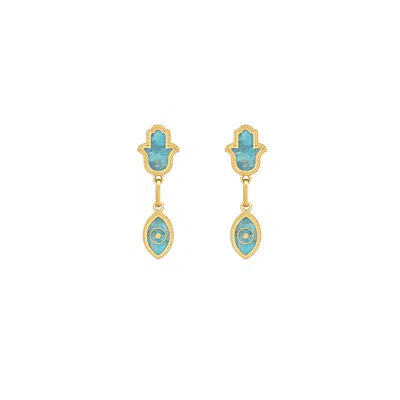Karma And Luck Peaceful Mindset Turquoise Evil Eye Hamsa Gold Earrings