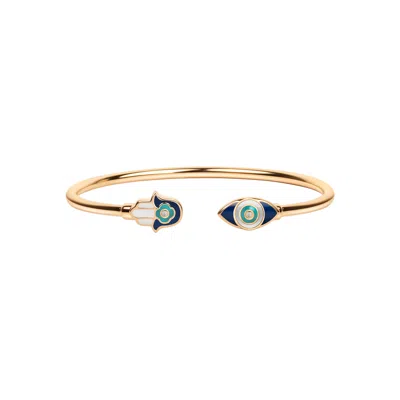 Karma And Luck Women's Blue / White / Gold Positive Light - Enamel Hamsa Evil Eye Cuff