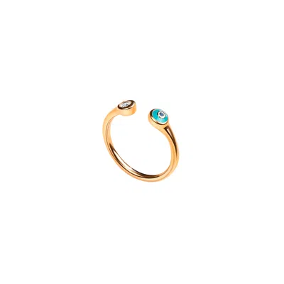 Karma And Luck Women's Defensive Shield - Gold Turquoise Enamel Evil Eye Ring