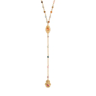 Karma And Luck Women's Gold Benevolent Spirit - Tourmaline Evil Eye Hamsa Lariat Necklace