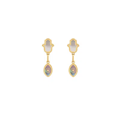 Karma And Luck Women's Gold / Grey / White Boundless Joy Hamsa & Evil Eye Mother Of Pearl Earrings