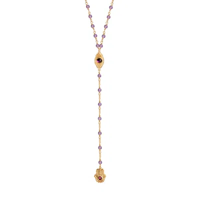 Karma And Luck Women's Gold / Pink / Purple Peace Of Spirit - Amethyst Evil Eye Hamsa Lariat Necklace