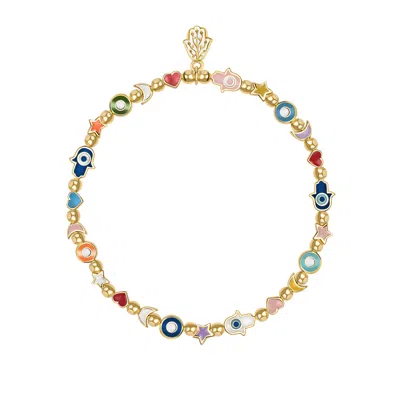 Karma And Luck Women's Gold Spiritual Blessings Enamel Multi Charm Bracelet