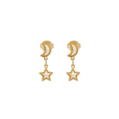 Karma And Luck Women's Gold / White Ethereal Glow Rainbow Moonstone Moon & Star Gold Earrings In Multi