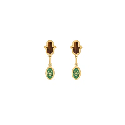 Karma And Luck Women's Green / Brown / Gold Dreams Secured Tiger's Eye & Malachite Hamsa & Evil Eye Earrings