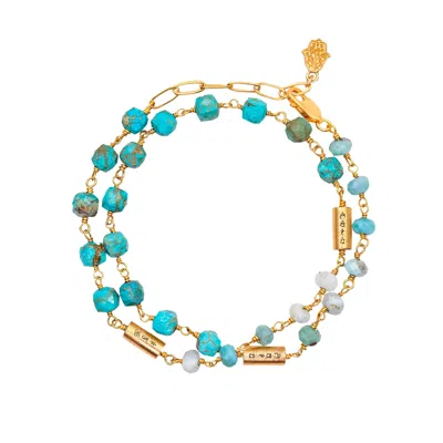 Karma And Luck Women's Green / Gold / Blue Soothing Abundance – Turquoise Larimar Mantra Wrap Bracelet