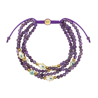 Karma And Luck Women's Pink / Purple Inner Wisdom - Amethyst Hamsa Evil Eye Charm Bracelet