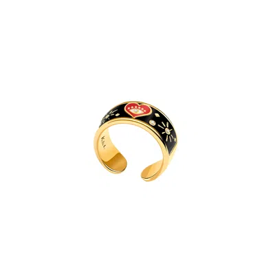 Karma And Luck Women's Red / Gold / Black Spiritual Delight - Heart Black Enamel Diamond Ring In Multi