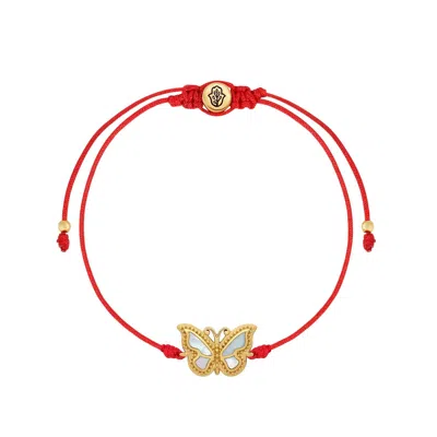 Karma And Luck Women's Red / White / Gold Cheerful Spirit Mother Of Pearl Butterfly Red String Bracelet In Multi