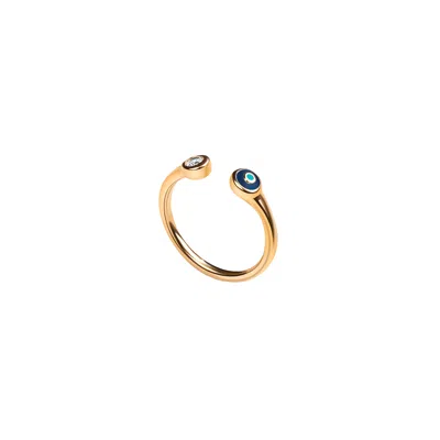 Karma And Luck Women's Sparkling Positivity - Gold Navy Enamel Evil Eye Ring