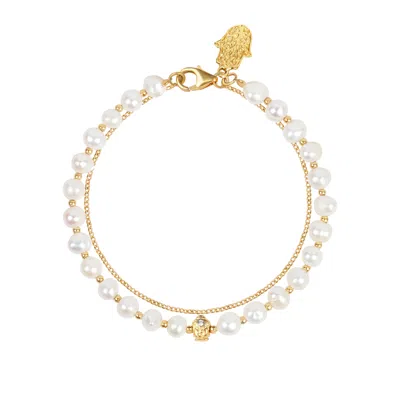 Karma And Luck Women's White / Gold Awaken Joy Pearl Buddha Bracelet In Multi