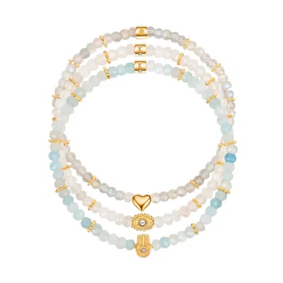 Karma And Luck Women's White / Gold / Blue Soothing Warmth - Labradorite Moonstone Aquamarine Triple Summer Stack In Multi