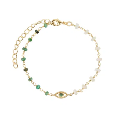 Karma And Luck Women's White / Gold / Green Soothing Oasis - Opal Emerald Evil Eye Charm Bracelet